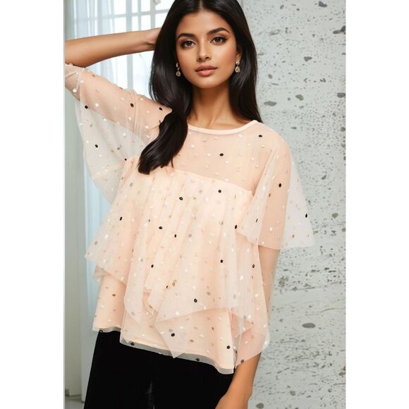 Eva Franco Tops - Eva Franco Anthropologie Tiered Sheer Pink Flutter Sleeve Polka Dot Top NWT
